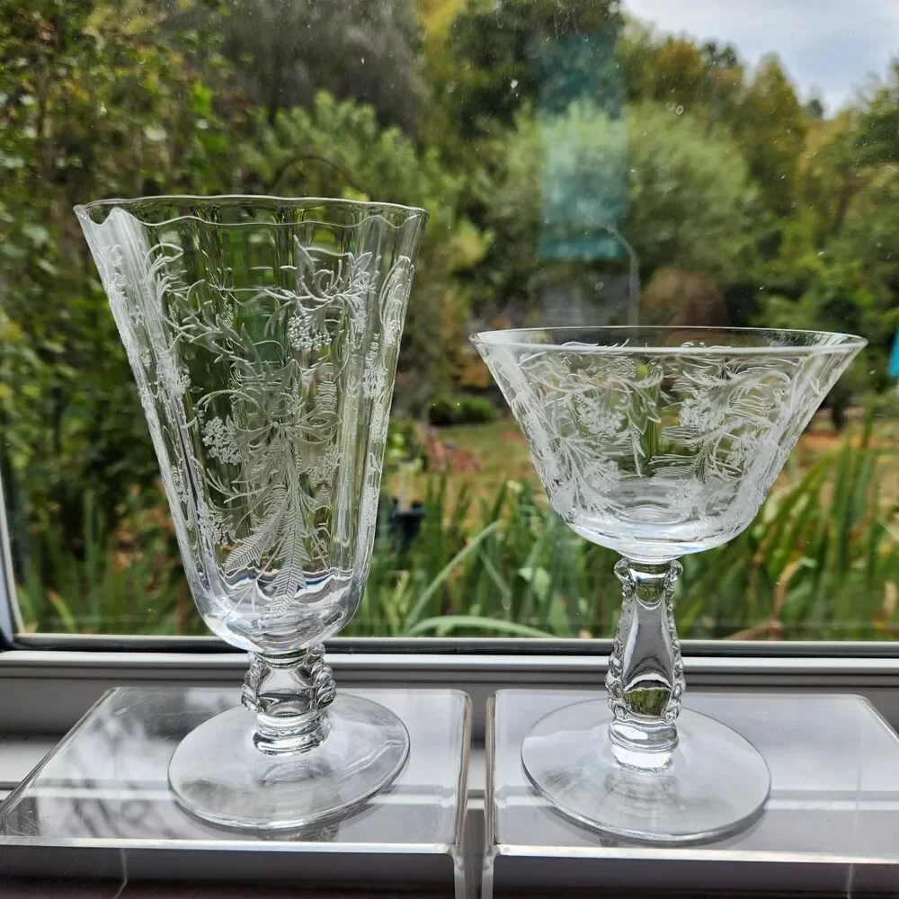 Fostoria Heather Etch Glasses Set of 2 Iced Tea & Champagne Coupe Glass Footed